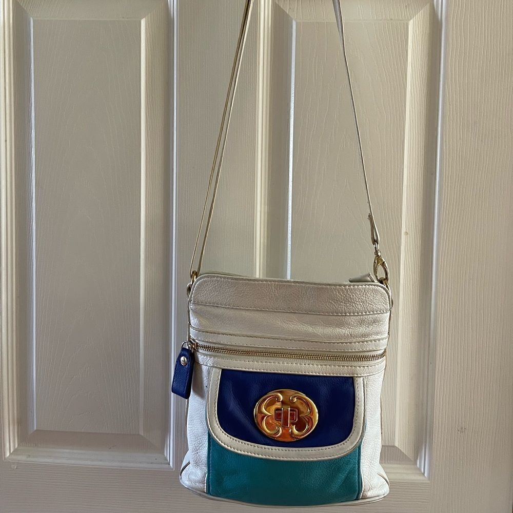 Emma Fox leather white,turquoise & Royal Blue crossbody bag gold tone hardwares.